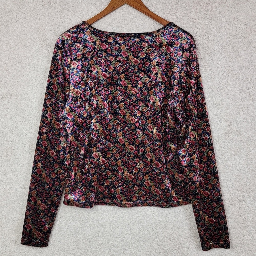 Natural Life Velvet Top Womens XL Blue Floral Excellent Square Neck Long Sleeve - Picture 2 of 7